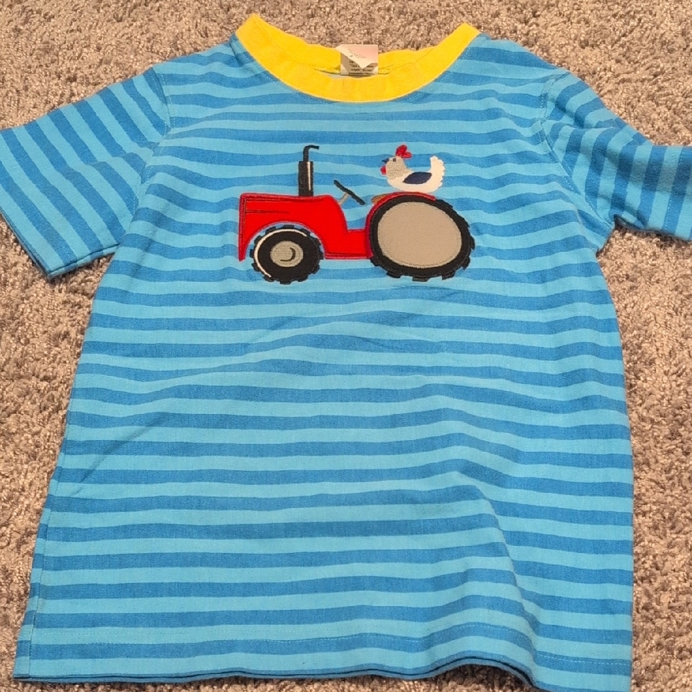 Blue Striped Kids Shirt with Red Tractor Design
